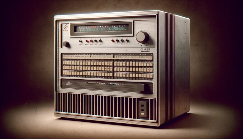 Ecco l'immagine dell'Altair 8800, uno dei primi personal computer rilasciati nel 1975. Puoi vedere il suo design iconico caratteristico di quella fase iniziale della tecnologia informatica personale.