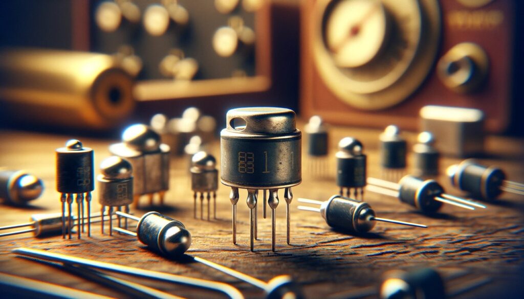Ecco l'immagine dei transistor degli anni '50. Questi componenti, caratteristici della tecnologia di metà XX secolo, hanno un design semplice con conduttori metallici e un corpo semiconduttore di base, riflettendo le prime fasi della tecnologia dei transistor.