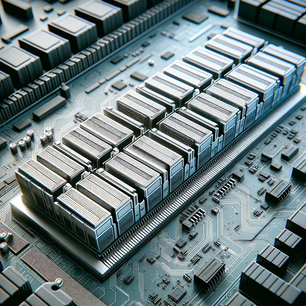 L'immagine mostra una rappresentazione dettagliata della RAM 3D XPoint, evidenziando la sua struttura e il design unici. Il modulo è raffigurato con i suoi vari strati visibili, mettendo in evidenza la struttura dell'array a incrocio 3D che gli dà il nome.
