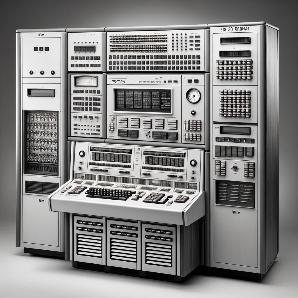 Questa immagine illustra l'aspetto del computer, che era grande quanto una stanza, con un pannello di controllo con pulsanti e quadranti e un grande armadio che ospitava l'hard disk drive, grande quanto due frigoriferi.
