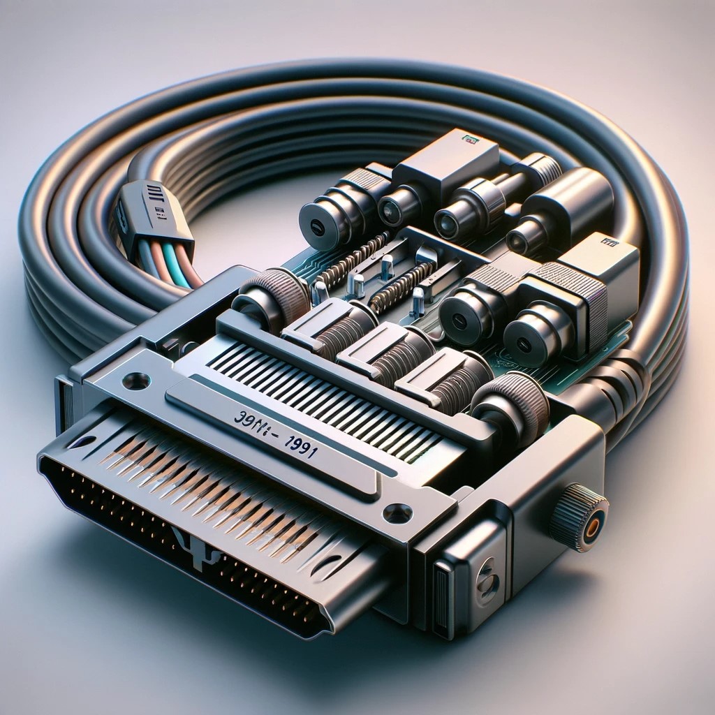 Ecco un'immagine che rappresenta l'interfaccia ATA (Advanced Technology Attachment) del 1991. L'illustrazione si concentra sulla struttura dettagliata e sui componenti dell'interfaccia, come i pin del connettore, il cavo e l'interfaccia dell'unità. Questa immagine rappresenta in modo accurato gli aspetti tecnici dell'interfaccia ATA, includendo una vista ravvicinata del connettore e del cavo, evidenziando il design tipico delle interfacce hardware per computer nei primi anni '90.