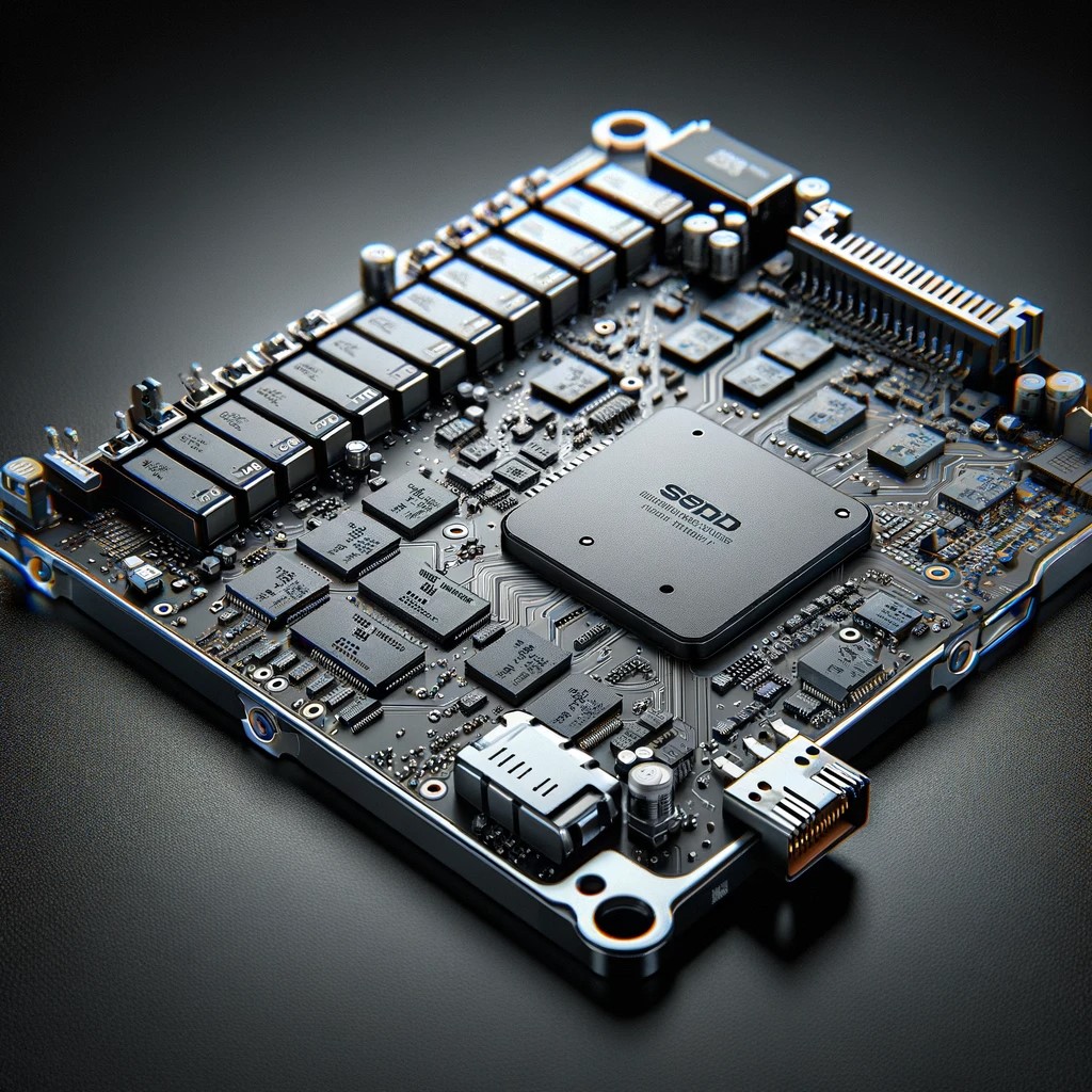 Ecco un'immagine che rappresenta la scheda di un Solid State Drive (SSD) interno. Questa illustrazione mostra in dettaglio elementi come i chip di memoria flash NAND, il controller, i connettori dell'interfaccia e altri componenti presenti sulla scheda. L'immagine visualizza chiaramente la disposizione e il design della scheda circuito dell'SSD, evidenziando la tecnologia compatta e sofisticata utilizzata negli SSD moderni.